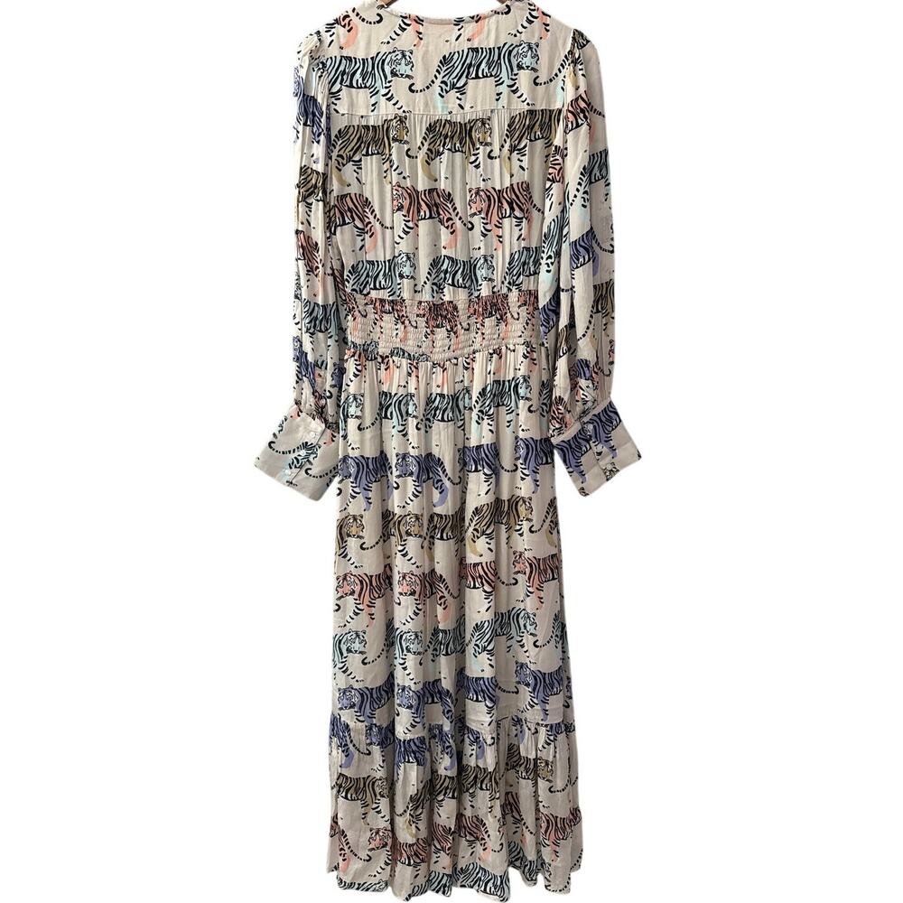 Oliphant Cuff Sleeve Smocked Waist Colorful Tiger Print Maxi Size Medium - Picture 3 of 10